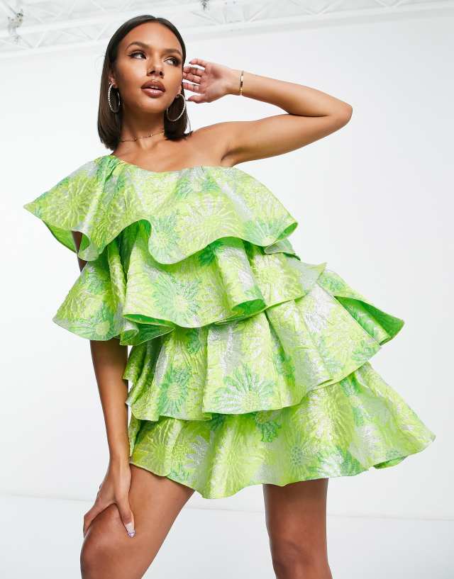 ASOS LUXE super ruffle one shoulder jacquard mini dress in green