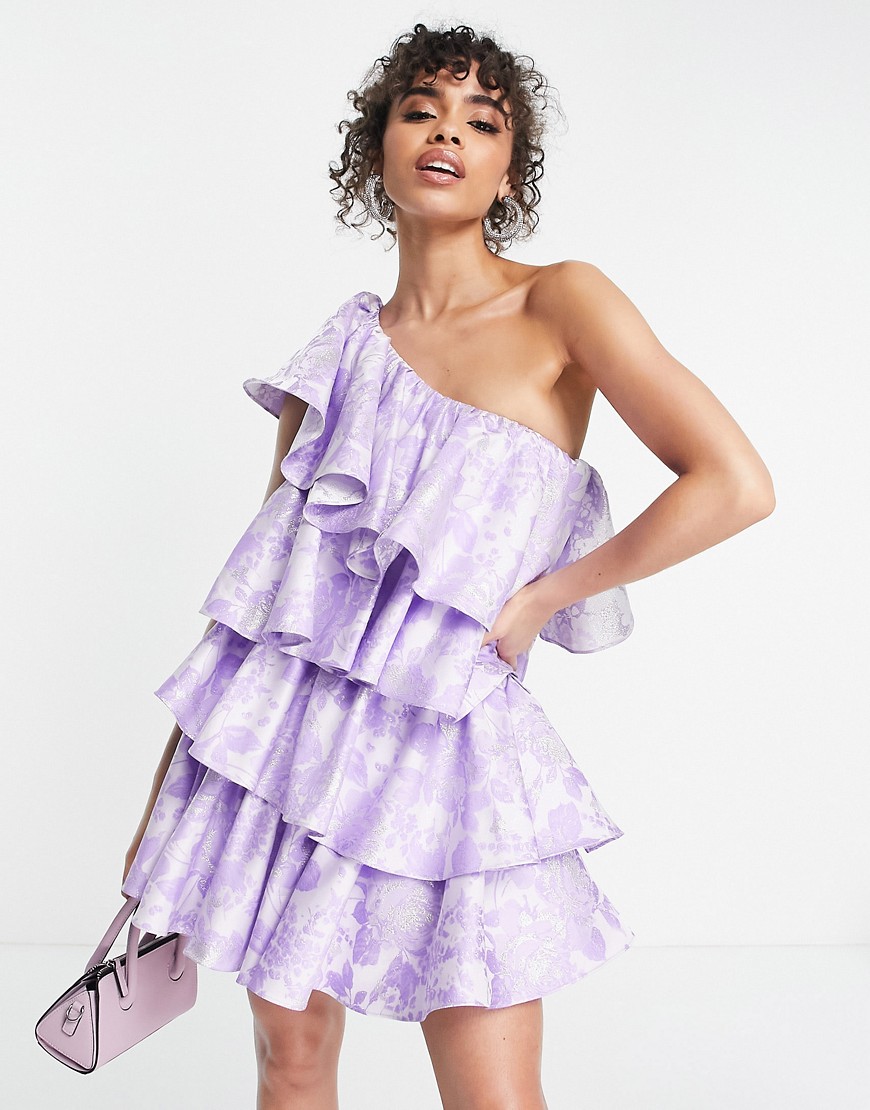 ASOS LUXE super ruffle one shoulder jacquard mini dress in lilac-Purple