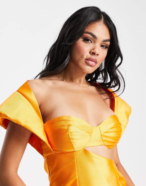 ASOS LUXE super shoulder satin cut out mini dress in orange