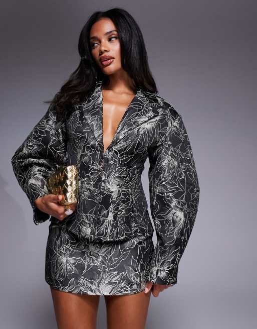 ASOS LUXE – Svart, blommig, skulpterad kavaj i jacquard, del av set