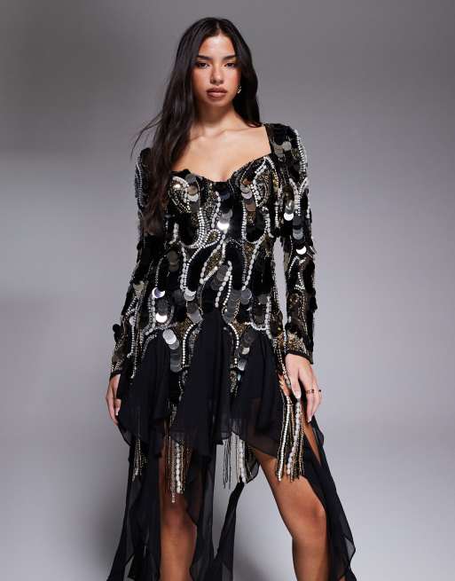ASOS LUXE – Svart, utsmyckad miniklänning med chiffongkant, 3 av 4
