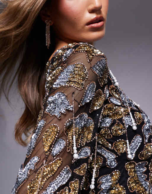 ASOS LUXE – Svart, utsmyckad topp med bar axel och hängande pärlor, del av set, 4 av 4