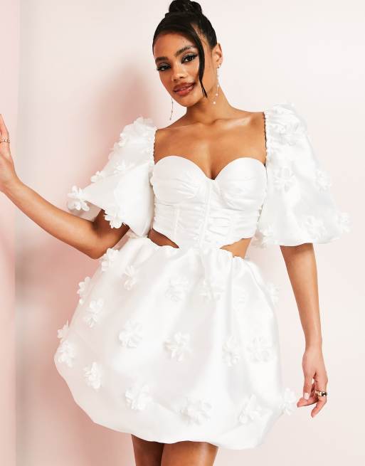 ASOS LUXE sweetheart corsetted puff sleeve mini dress with 3d flowers in  white