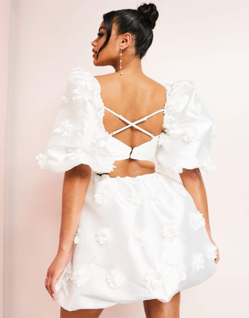 ASOS LUXE sweetheart corsetted puff sleeve mini dress with 3d flowers in  white