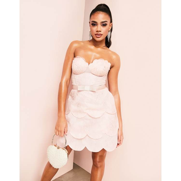 ASOS LUXE sweetheart neck belted mini dress with scalloped hem in blush