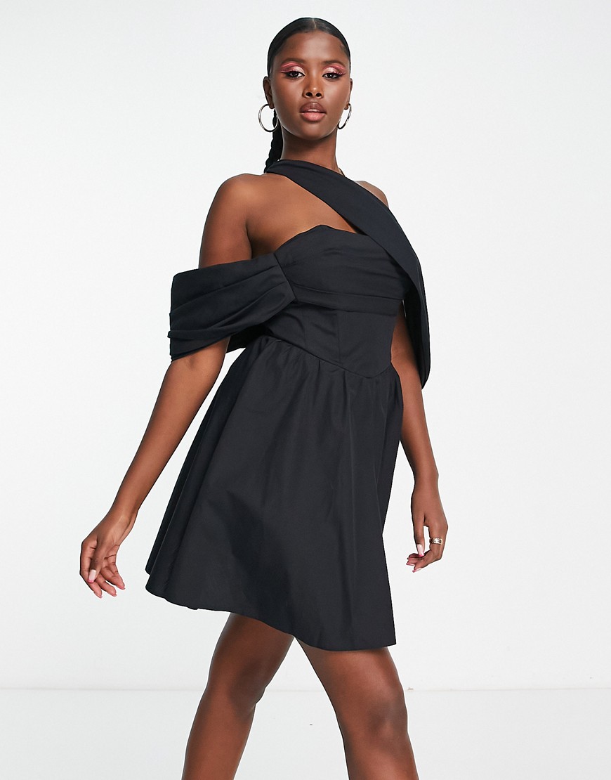 ASOS LUXE sweetheart neck dramatic cuff skater mini dress in black