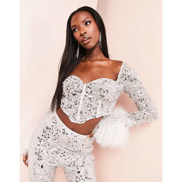 Rhaiza Top - Faux Feather Trim Strapless Sweetheart Crop Top in