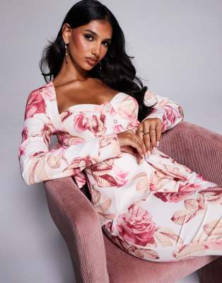 sweetheart tailored blazer with bow back in rose print-Multi