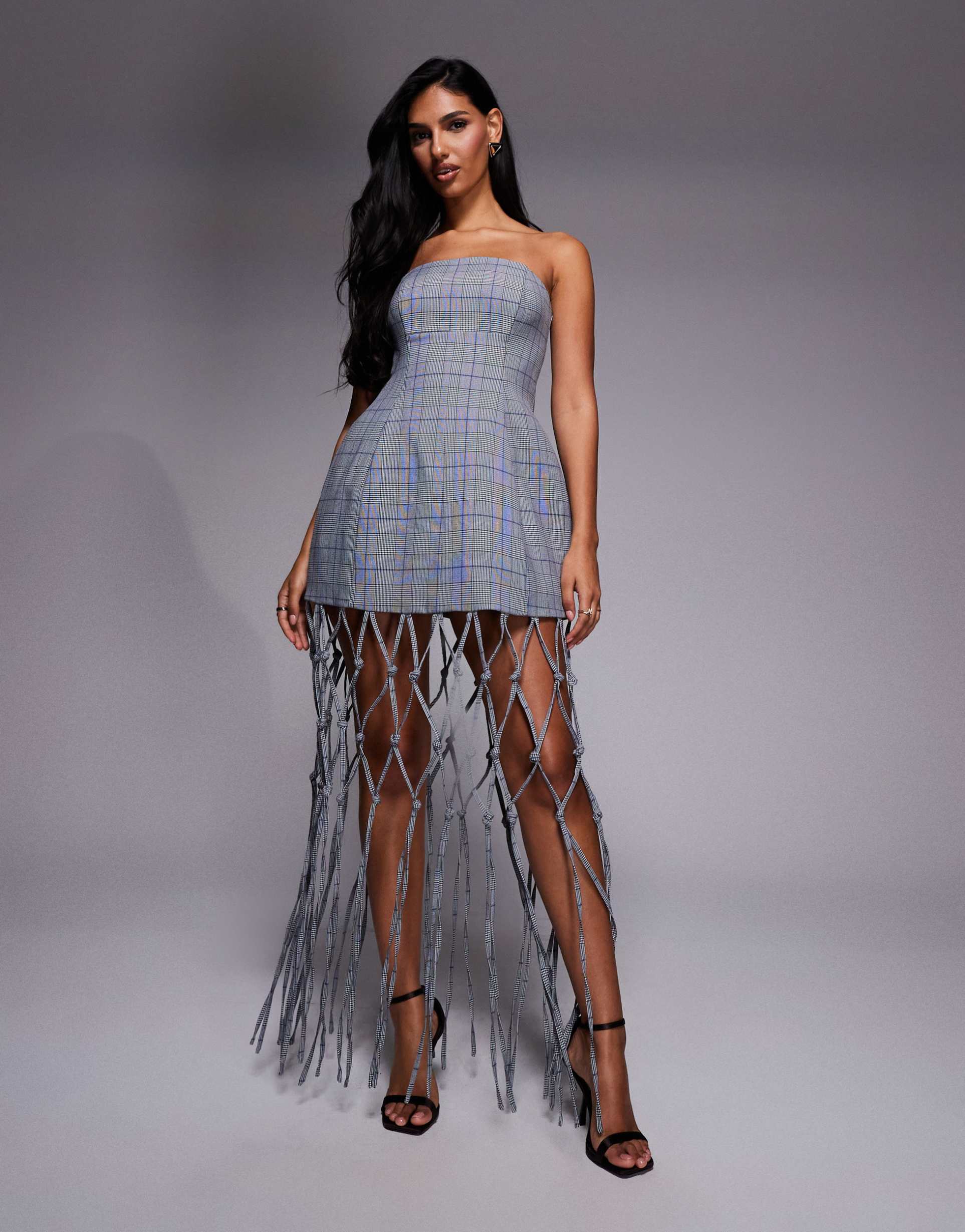 asos luxe tailored bandeau mini dress with macrame fringing in check