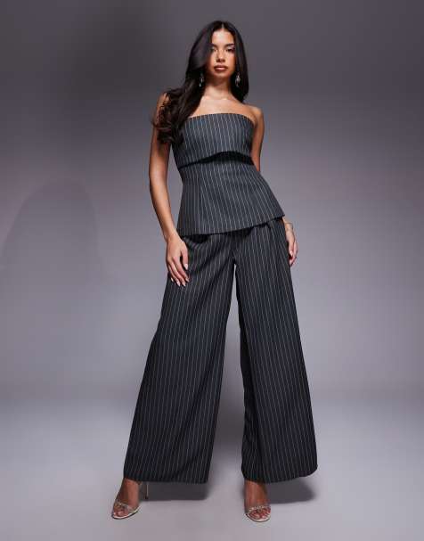 ASOS LUXE tailored bandeau top and pants set in gray pinstripes - view 1