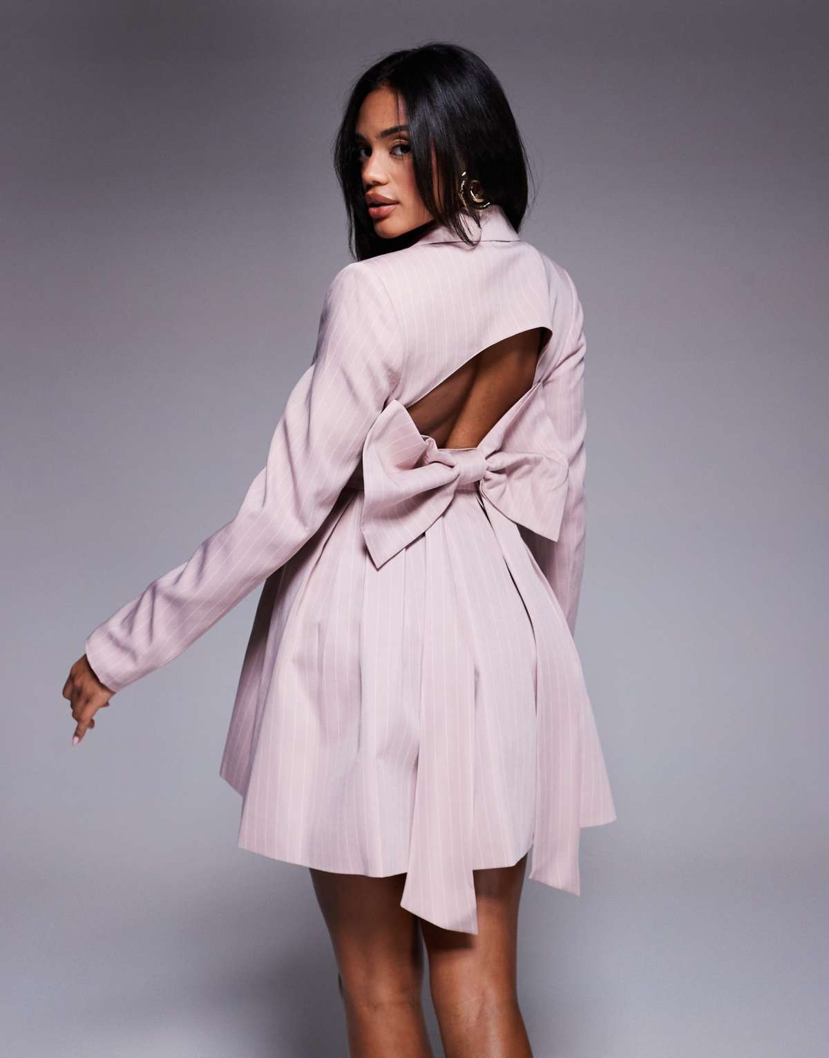 ASOS LUXE tailored blazer dress with bow back in pink pinstripe