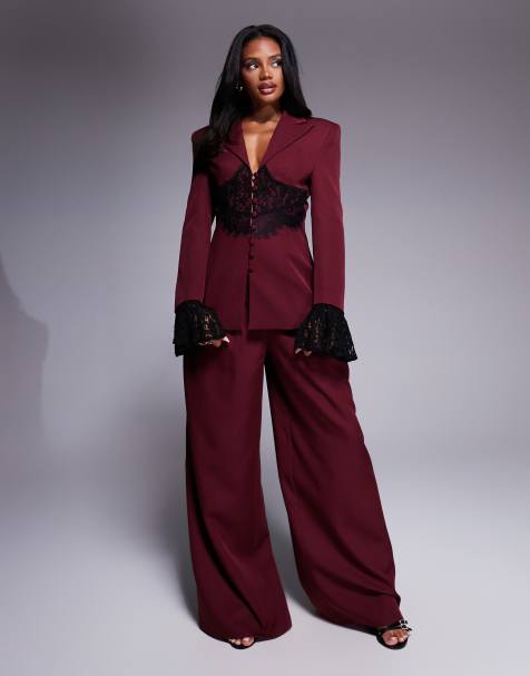 ASOS LUXE tailored blazer with lace corset detail and wide leg pants in burgundy - view 1