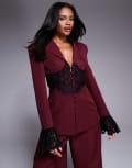 [ASOS LUXE] ASOS LUXE tailored blazer with lace corset detail in burgundy (Part of a set) 4 BURGUNDY