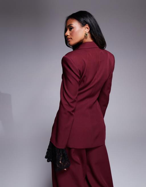ASOS LUXE tailored blazer with lace corset detail in burgundy - part of a set
