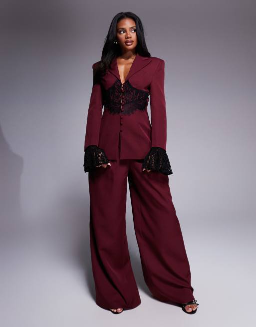 ASOS LUXE tailored blazer with lace corset detail in burgundy - part of a set