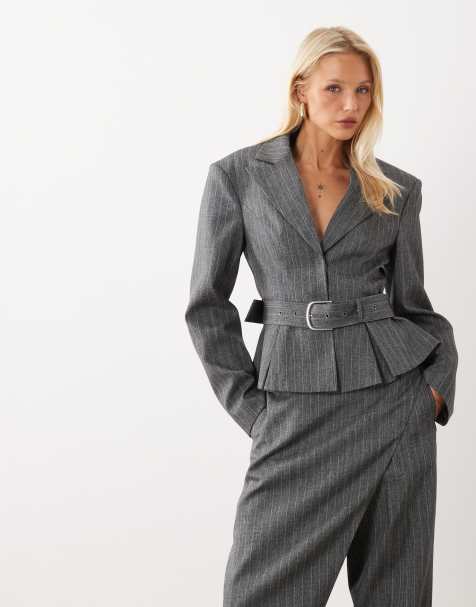 ASOS LUXE tailored cinched belted blazer in grey pinstripe - view 1