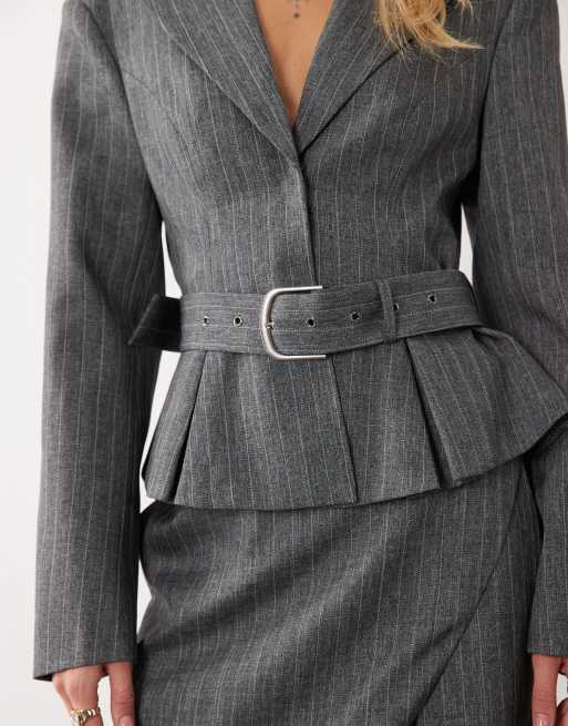 ASOS LUXE tailored cinched belted long sleeve blazer in grey pinstripe, 3 of 4