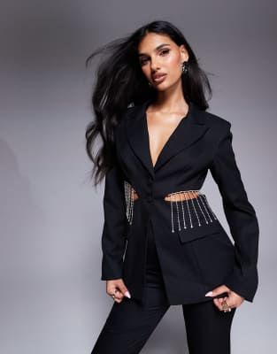 ASOS LUXE tailored co-ord suit blazer with diamante fringing in black