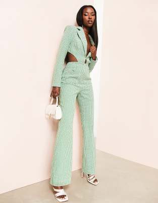 ASOS LUXE tailored cut-out flare jumpsuit in green check - ASOS Price Checker