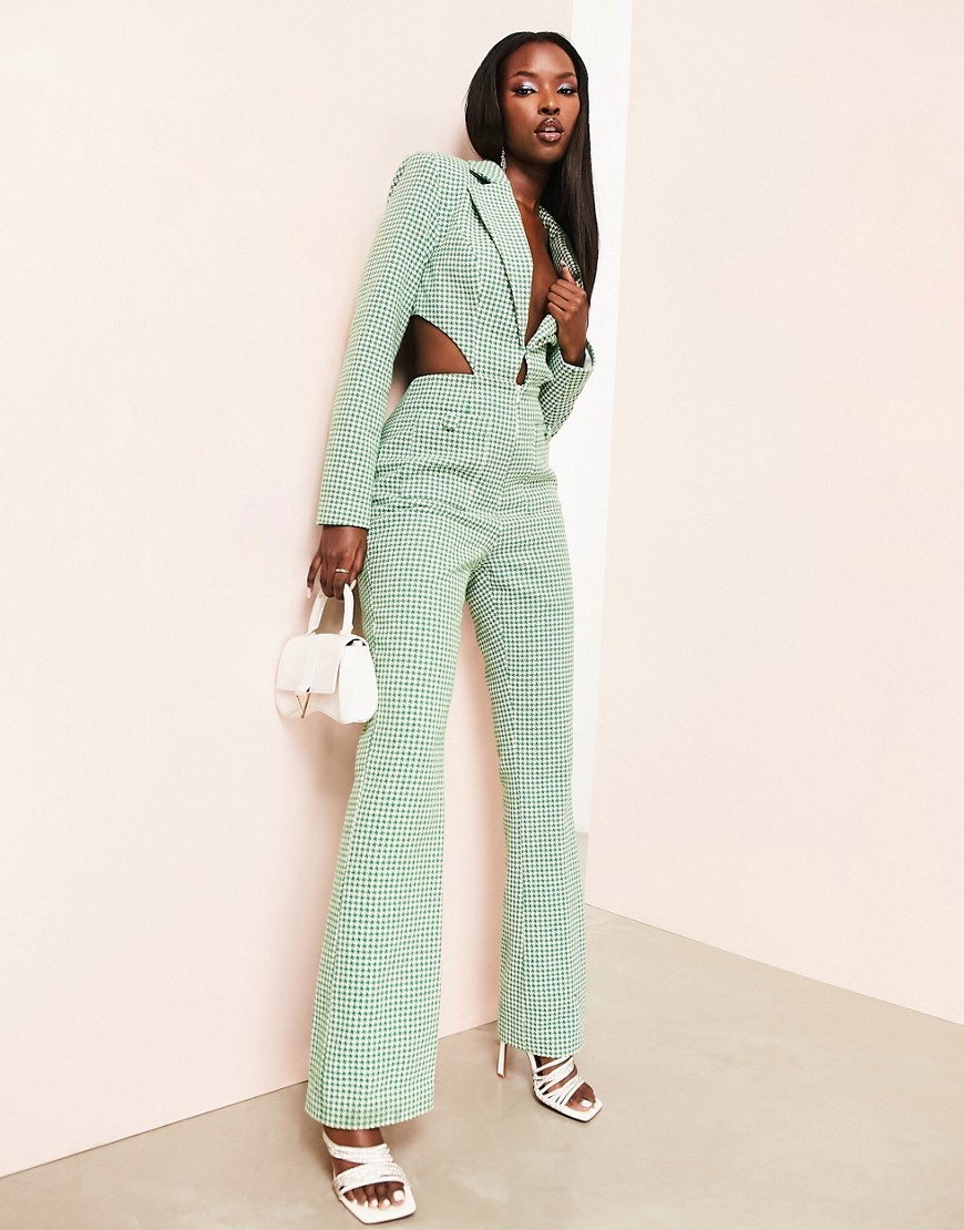 ASOS LUXE tailored cut-out flare jumpsuit in green check