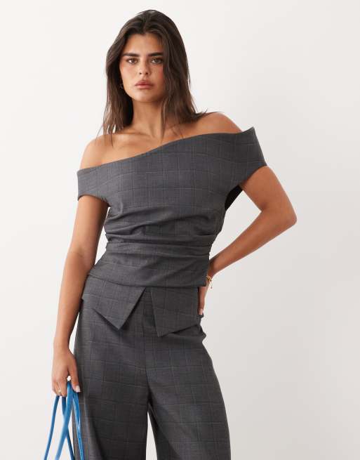 ASOS LUXE tailored off shoulder top and overlay pants set in charcoal, 3 of 3