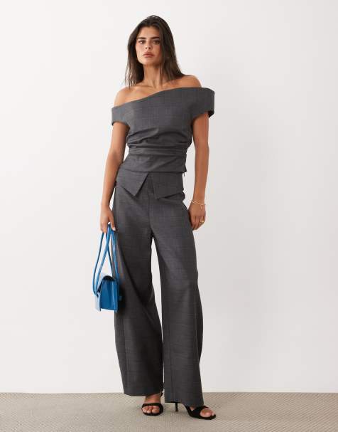 ASOS LUXE tailored off the shoulder top and overlay pants set in charcoal - view 1