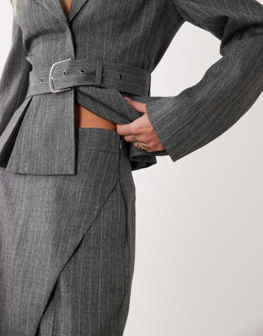 ASOS LUXE tailored overlay coord wide leg pant in grey pinstripe, 3 of 5