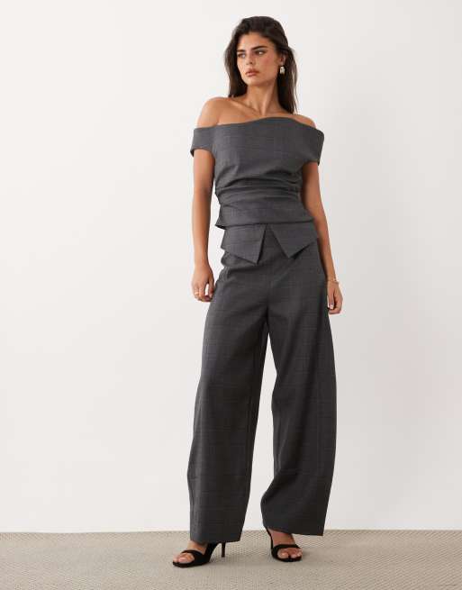 ASOS LUXE tailored off shoulder top and overlay pants set in charcoal, 2 of 3