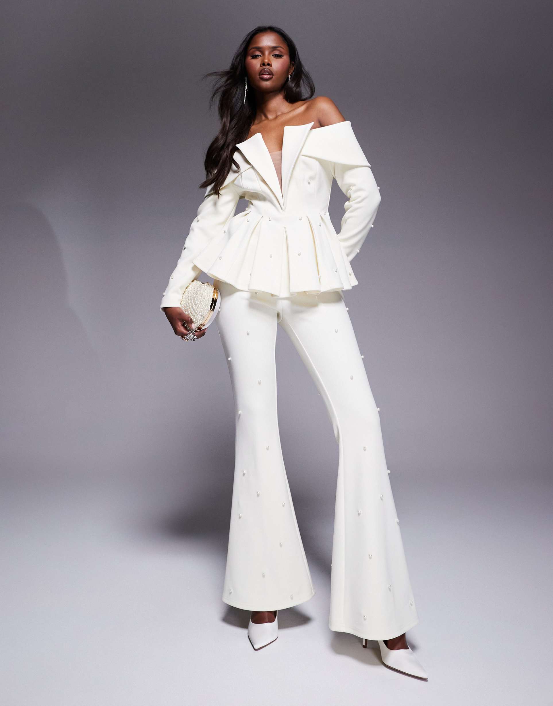 asos luxe tailored pants with pearl embellishment in cream - part of a set