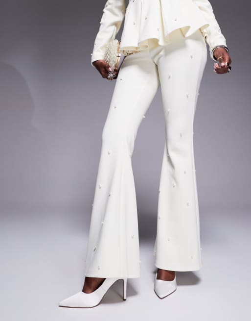 ASOS LUXE tailored pants with pearl embellishment in cream (part of a set), 2 of 5