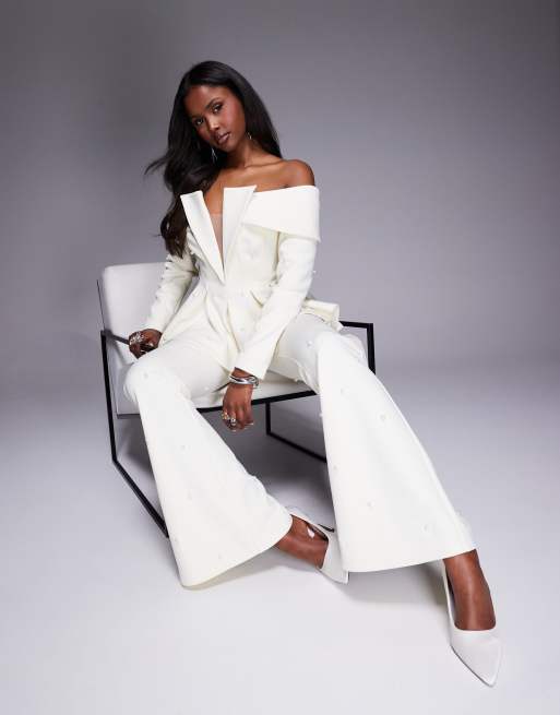 ASOS LUXE tailored pants with pearl embellishment in cream (part of a set), 3 of 5