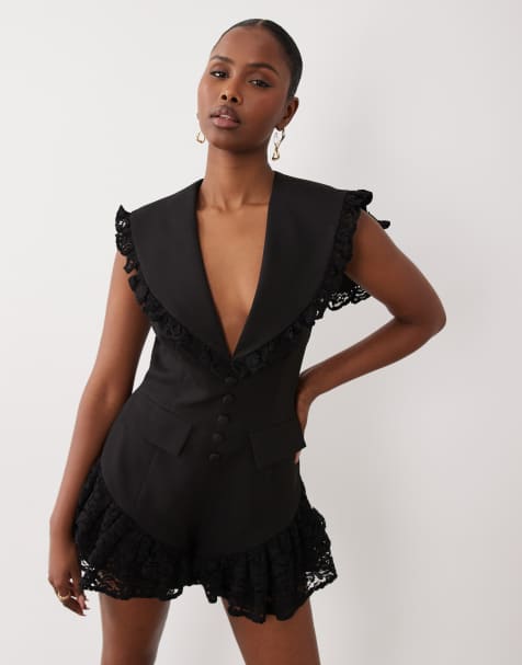 ASOS LUXE tailored romper with lace detail in black - view 1