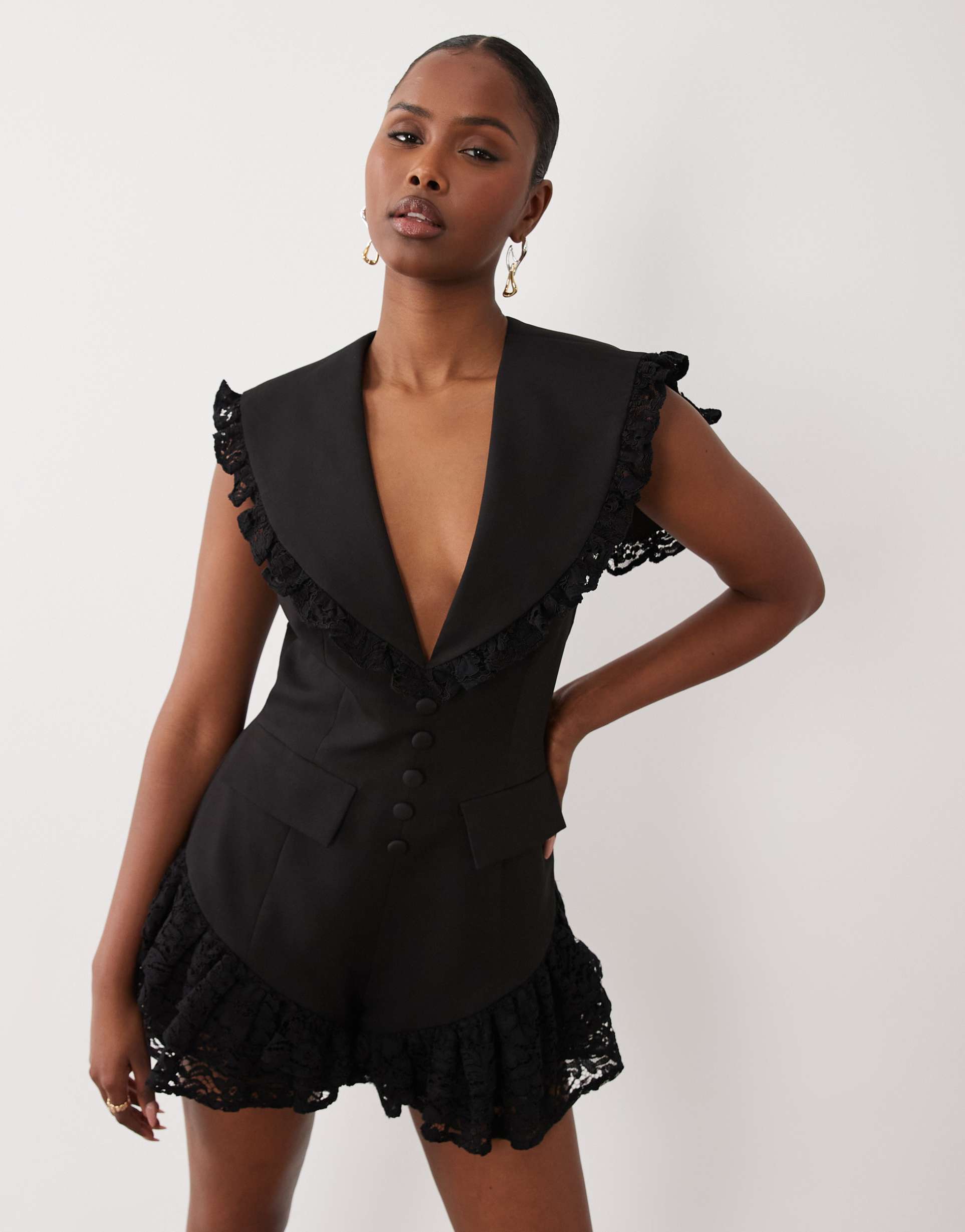 asos luxe tailored romper with lace detail in black