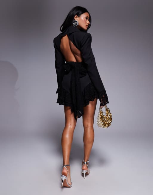 ASOS LUXE tailored romper with lace trim detail in black