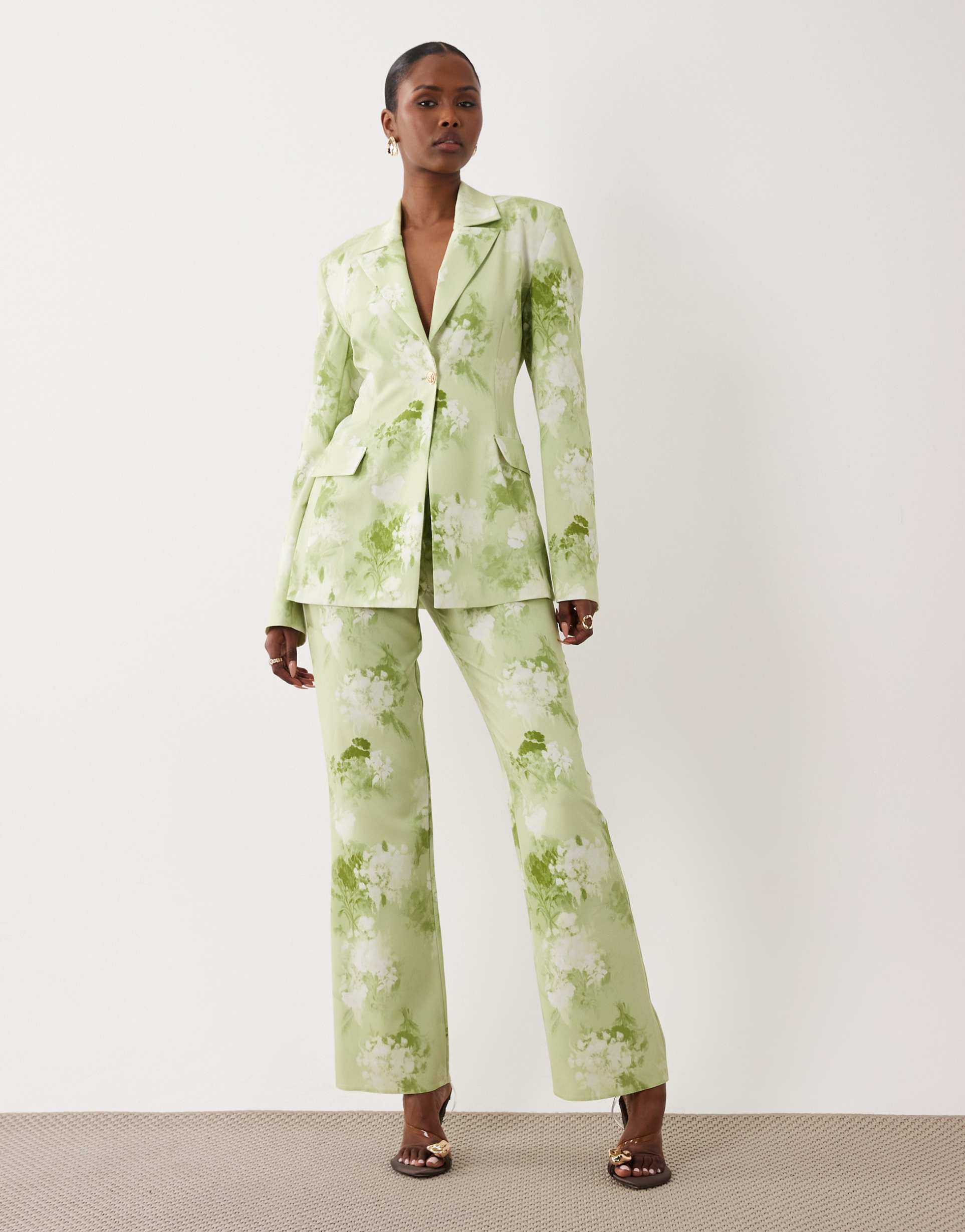 asos luxe tailored suit pants in light green blurred floral - part of a set