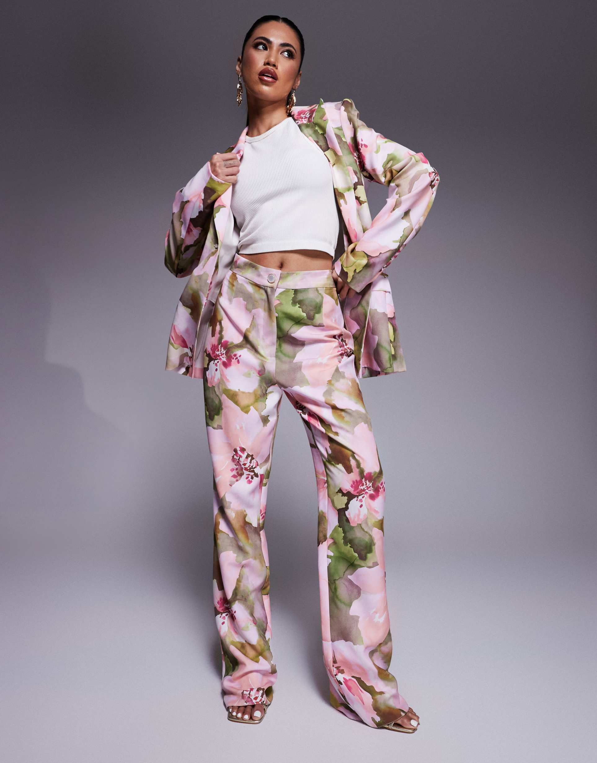 asos luxe tailored suit pants in pink floral print - part of a set
