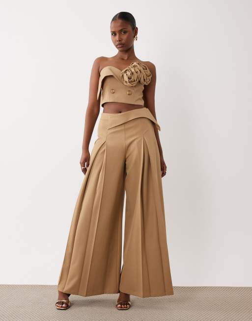 ASOS LUXE tailored top with rosette detail in taupe - part of a set, 2 of 4
