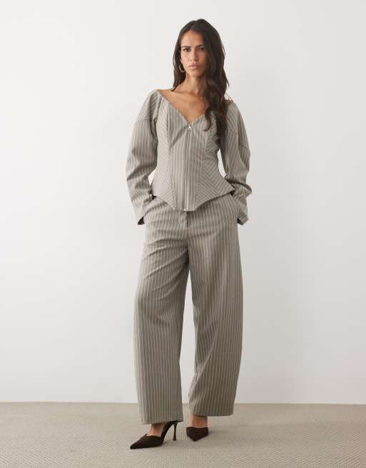 ASOS LUXE zip front bonded corset tailored top and barrel trouser co-ord in grey stripe, 3 of 3