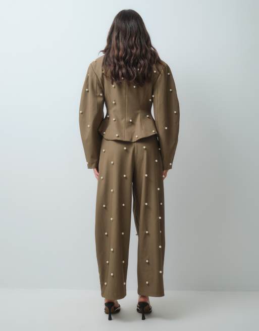 ASOS LUXE tailored trouser with pearl embellishment in khaki, 5 of 5