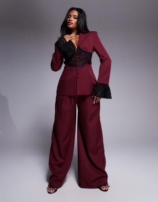 ASOS LUXE tailored wide leg pants in burgundy - part of a set