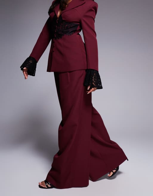 ASOS LUXE tailored wide leg pants in burgundy - part of a set, 4 of 5