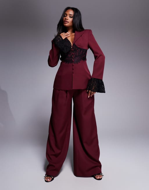 ASOS LUXE tailored wide leg pants in dark cherry in burgundy - part of a set
