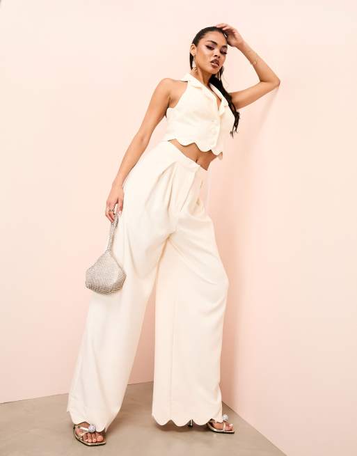 ASOS LUXE tailored wide leg pants with scallop hem in cream