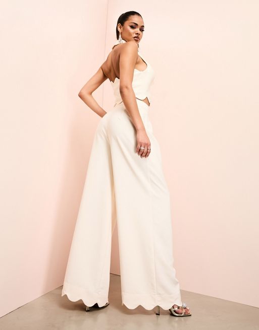 ASOS LUXE scallop hem tailored waistcoat and wide leg trousers in cream