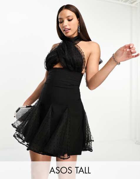 ASOS LUXE Tall dobby halter neck mini dress in black - view 1