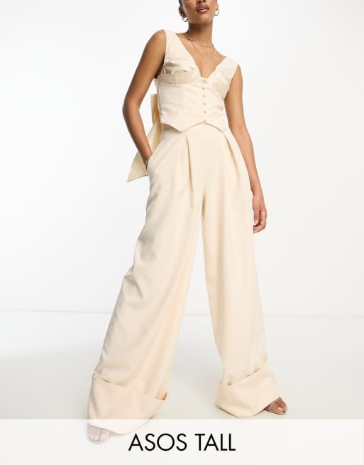ASOS Luxe Tall - Pantaloni sartoriali a fondo ampio color crema in coordinato