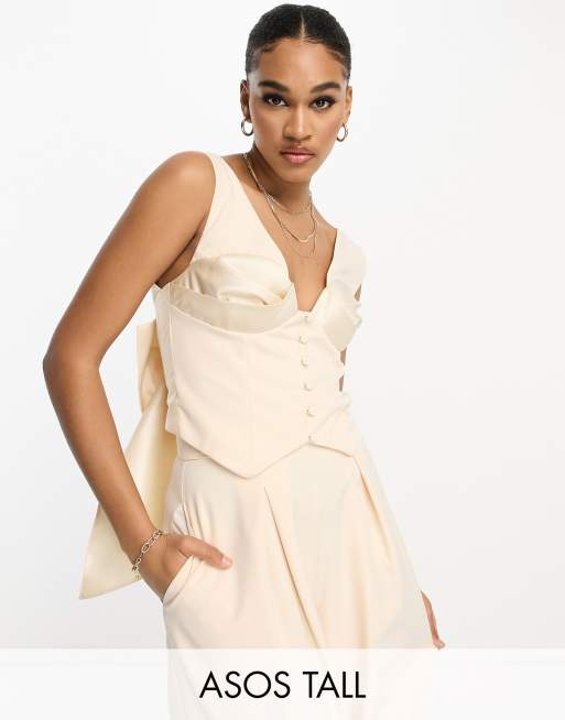 ASOS LUXE Tall - Skræddersyet vest med skåle og sløjfe på ryggen i cremehvid - Del af sæt