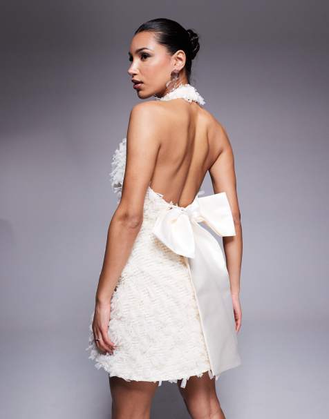 ASOS LUXE textured halter mini dress with bow back in cream - view 1