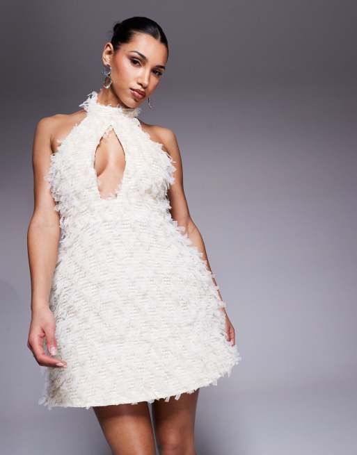 ASOS LUXE textured halter mini dress with bow back in cream