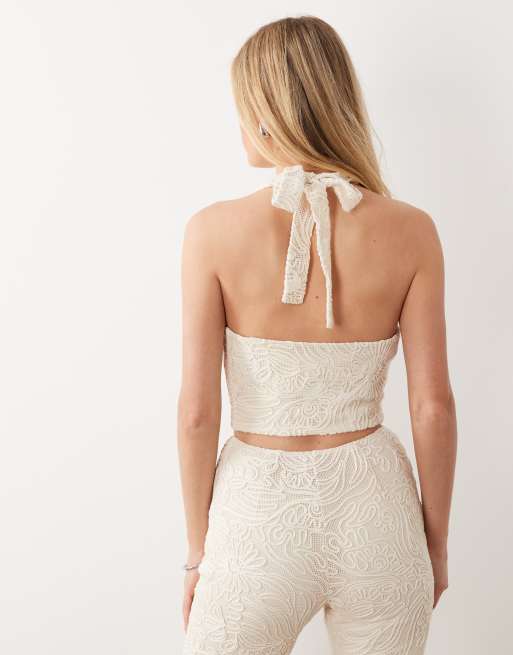 ASOS LUXE textured halter neck drape top in cream - part of a set, 4 of 4